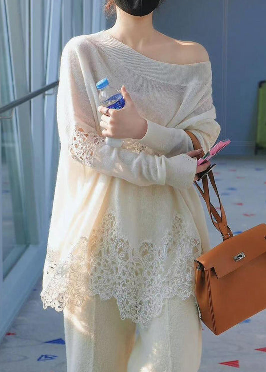 Boutique Beige Cold Shoulder Lace Patchwork Woolen Knit Sweaters Fall Rv027