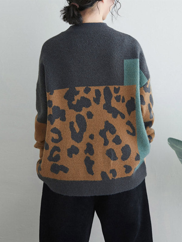 Original Brown Round-neck Contrasting Color Blocks Leopard Long Sleeve Sweater An1048