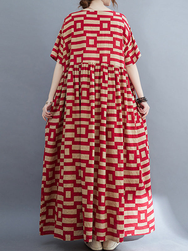 Loose Short Sleeves Plaid Round-neck Midi Dresses