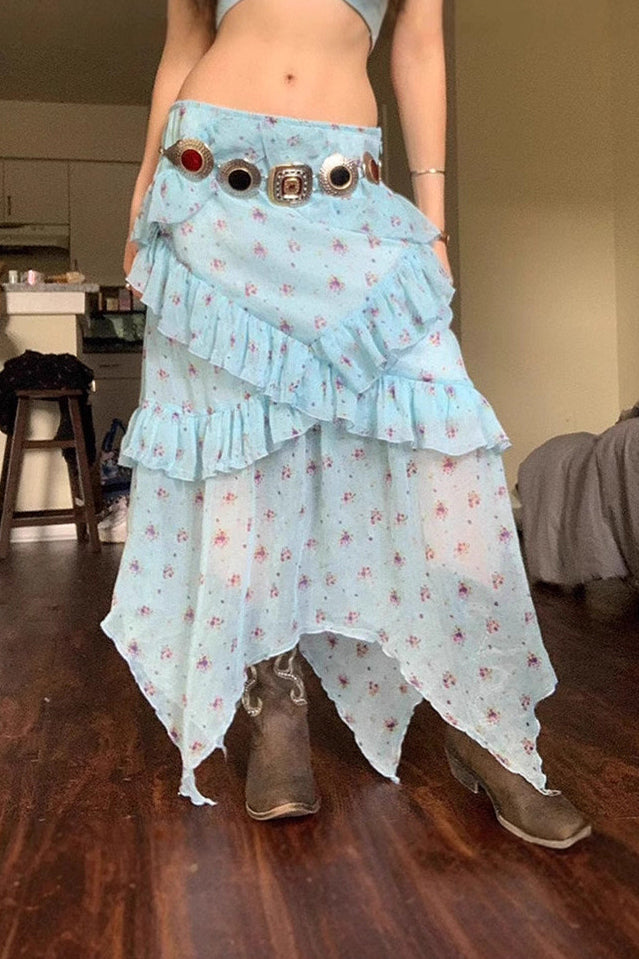 Sheer Low Waist Asymmetrical Ruffle a Line Skirt