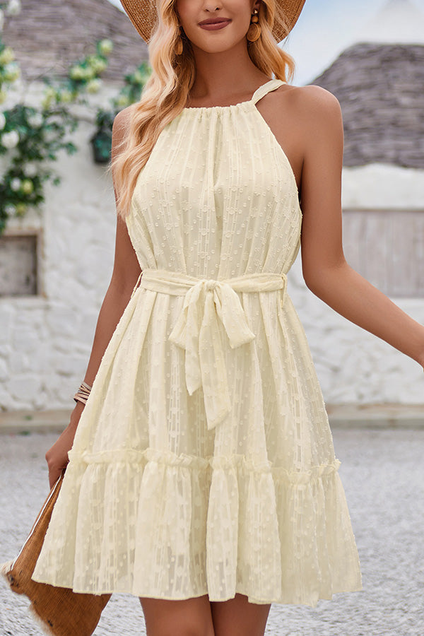 Simple Color Jacquard Patchwork Lace Up Drawstring Mini Dress