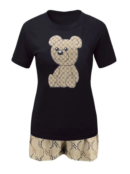 Geometric Bear Print Shorts Set O Neck Short Sleeve T-shirt Mixed Print Hipster Bottoms 2pcs /