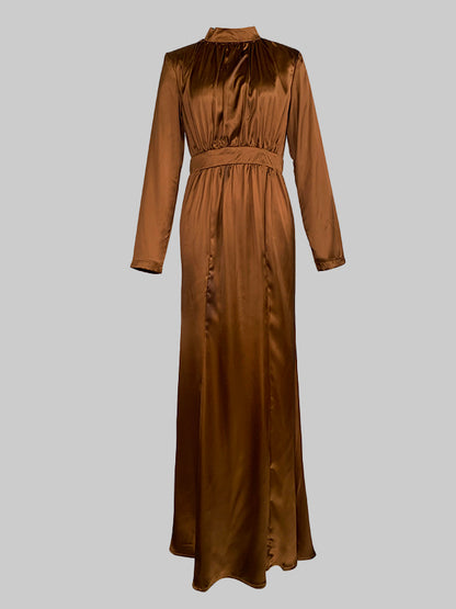 Long Sleeves Loose Pleated Shiny Color Split-joint Tied Waist High Neck Evening Dresses Maxi Dresses