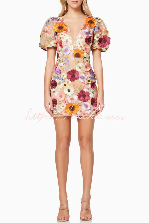 Garden Gala Embroidered Applique Puff Sleeve Mini Dress