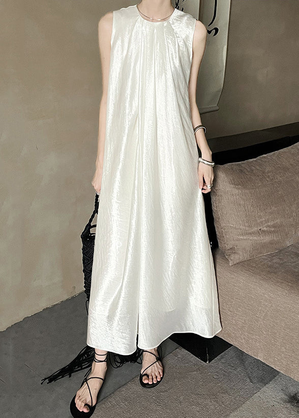 French Apricot O-neck Silk Long Dress Sleeveless Ee036