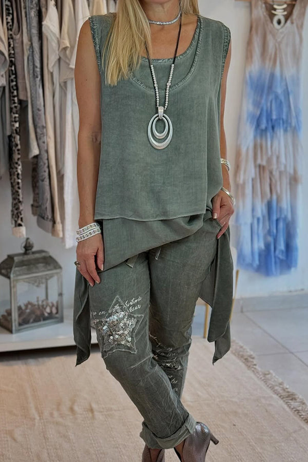 Letter Print Sequin Pocket Pants
