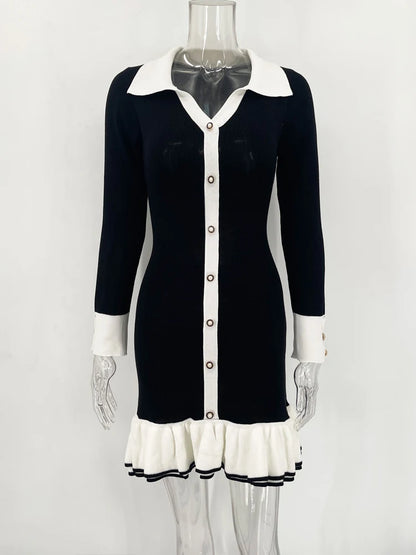 Ruffled Bow Knit Mini Dress ’s Summer Backless Contrast Cardigan Lace-up Dress Female Knitwear Bandage Dress