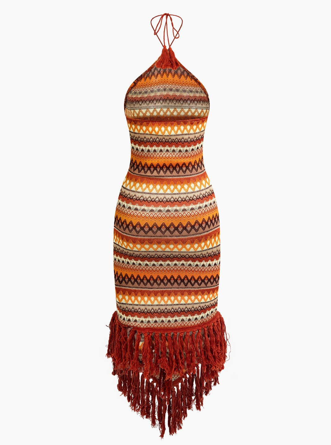 Fringe and Colorful Pattern Halter Midi Dress