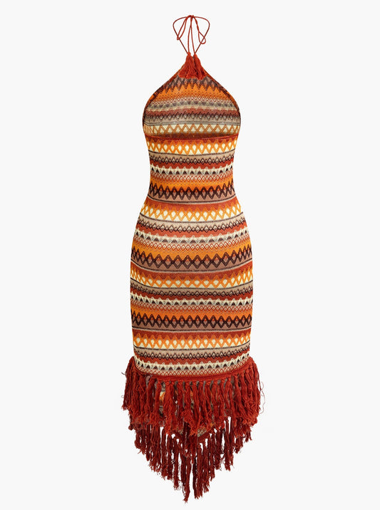 Fringe and Colorful Pattern Halter Midi Dress