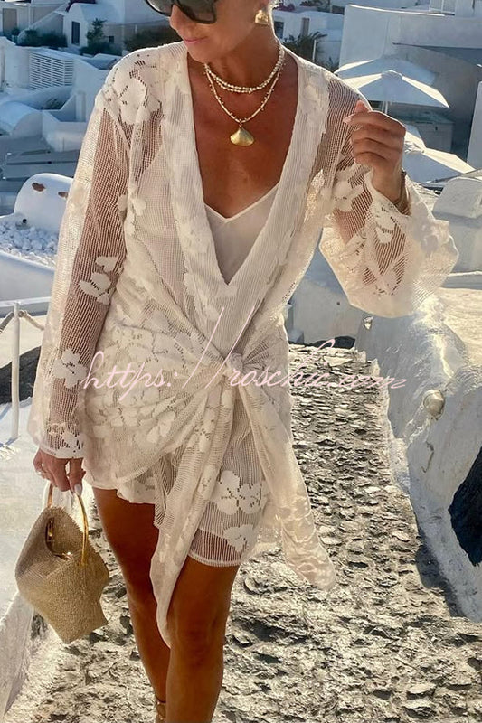 Beach Elegance Lace Long Sleeve Wrap Tie-up Vacation Mini Dress