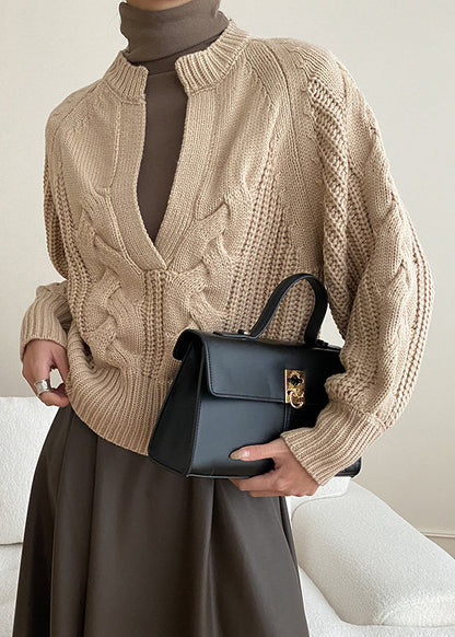 Khaki Cozy Knit Sweaters V Neck Fall Af1047