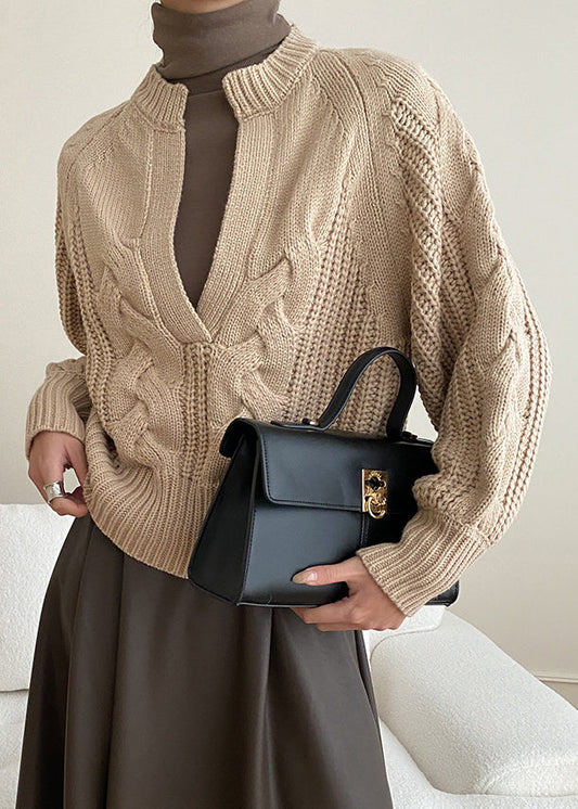 Khaki Cozy Knit Sweaters V Neck Fall Af1047