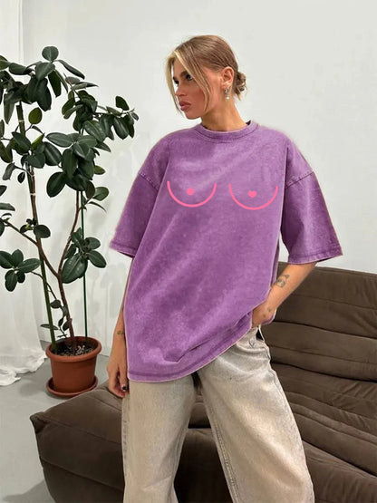 Summer Cotton Washed T Shirts Heart Funny Graphic T-shirt Y2k Loose Retro Short Sleeve Tee Hip Hop