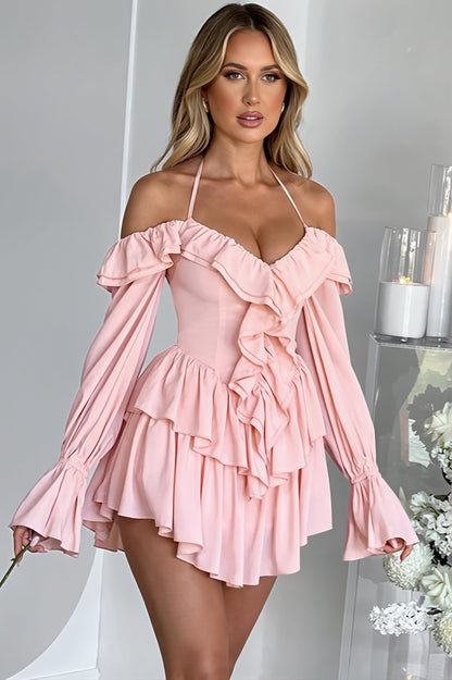 Halter Neck Lace Up Ruffle Hem Romper