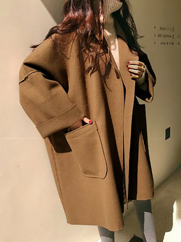 Loose Khaki Notched Collar Buttoned Pockets Long Sleeves Woolen Coat Ws013