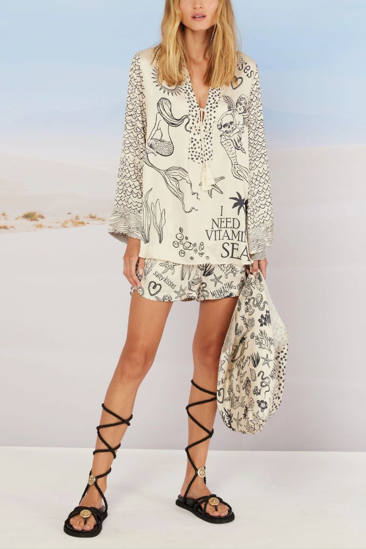 Live by Water Satin Unique Print Tassle Shirt and Elastic Waist Shorts Set