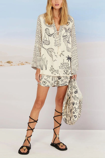 Live by Water Satin Unique Print Tassle Shirt and Elastic Waist Shorts Set