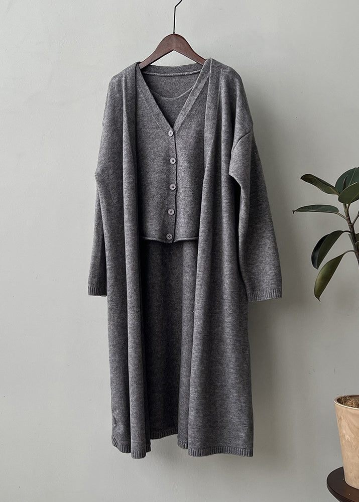 Loose Camel V Neck Tank and Cardigan Knit Two Piece Set Fall Af1097