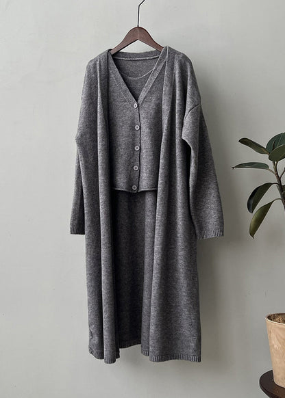 Loose Camel V Neck Tank and Cardigan Knit Two Piece Set Fall Af1097
