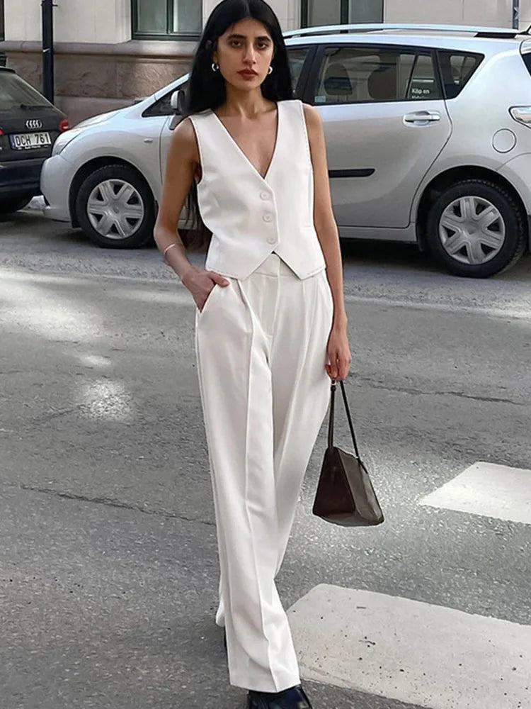 Loose Pant Sets for Sleeveless Crop Tops and High Waist Suit Trouser 2 Piece Suits Outfits