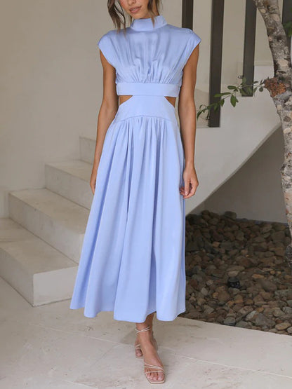 Cap Sleeve Belly-hollow Pleated Color Stand Collar Maxi Dresses