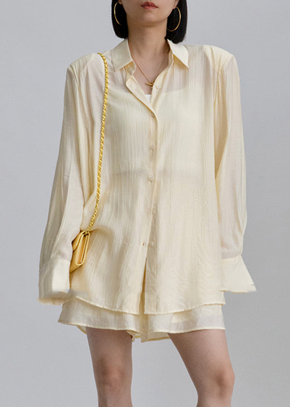 White Peter Pan Collar Shirts and Shorts Two Pieces Set Long Sleeve An1031