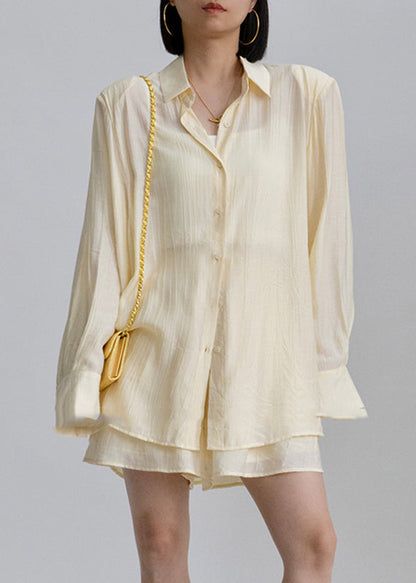 White Peter Pan Collar Shirts and Shorts Two Pieces Set Long Sleeve An1031