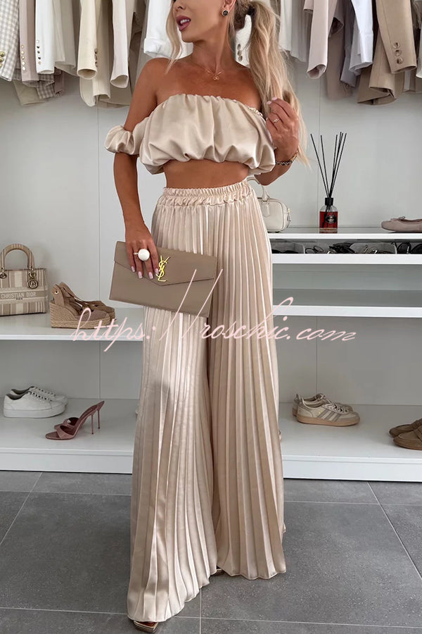 Jorie Satin Off Shoulder Puff Sleeve Crop Top and Elastic Waist Pleated Wide Leg Pants Set
