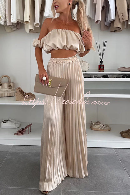 Jorie Satin Off Shoulder Puff Sleeve Crop Top and Elastic Waist Pleated Wide Leg Pants Set