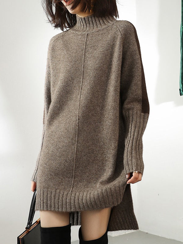 Urban Camel Half Turtleneck Contrast Color Long Sleeve Knit Sweater Dress An1068