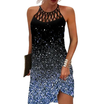 Print Halter Neck Mini Dresses Summer New Hollow Out O Neck Sleeveless Dress Lady Commuting Short Vestidos