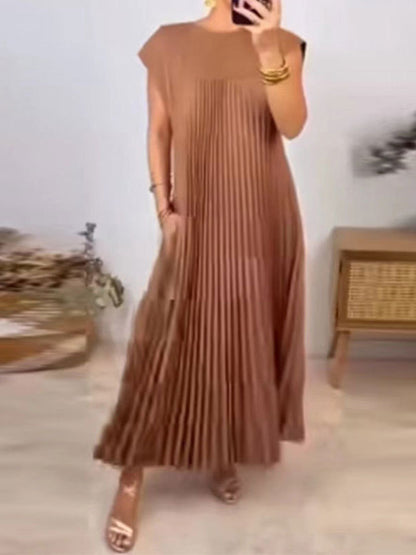 A-line High Waisted Pleated Pockets Color Split-joint Round-neck Maxi Dresses