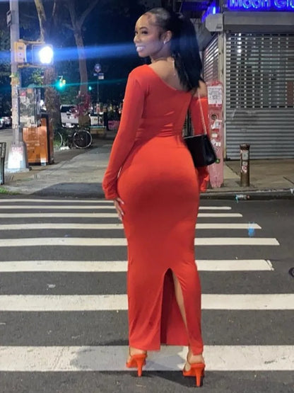 Autumn Oblique Shoulder Long Sleeve Dress for Wrap Hip Fit Irregular Long Dress Party Evening Dress