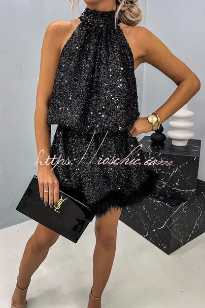 It's Time to Dance Sequin Feather Trim Halter Babydoll Mini Dress