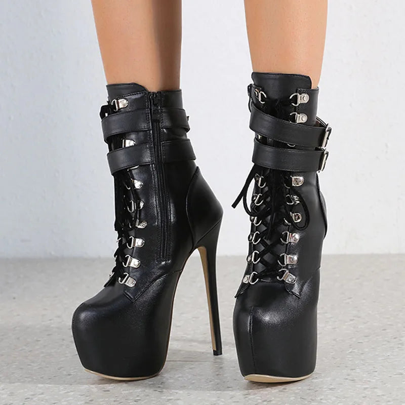 Liyke Buckle Strap Extreme High Heels Platform Boots – Round Toe Cross Lace Up Party Club Stripper Shoes