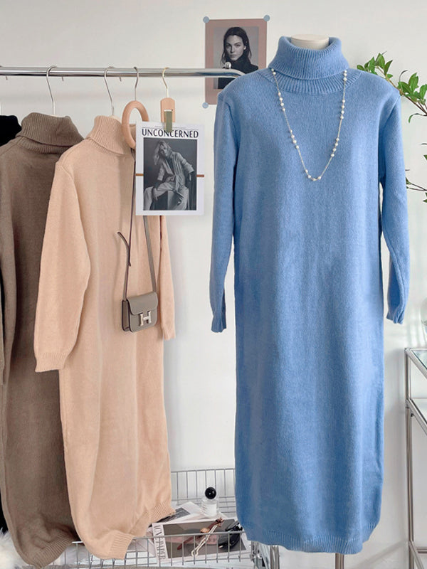 Khaki High-neck Long Sleeve Sweater Dress An1061