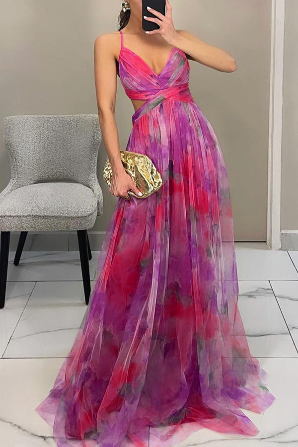 Giselle Tulle Render Print Cutout Waist Back Lace-up Maxi Dress
