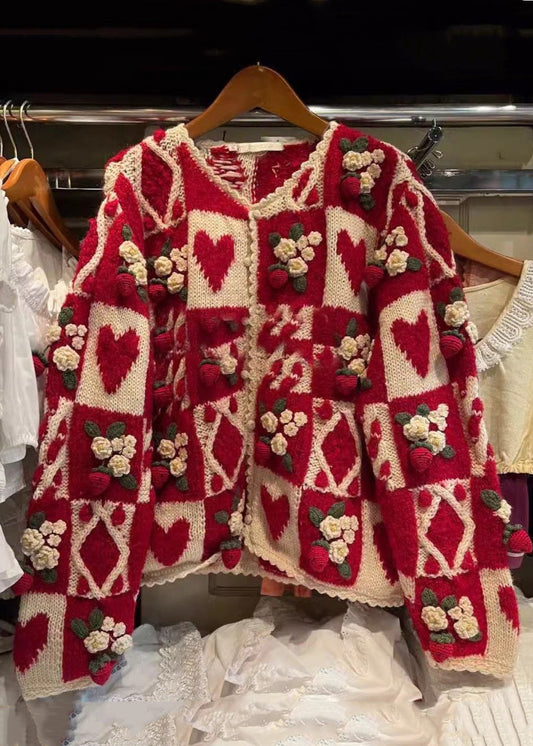 Red O Neck Button Patchwork Knit Cardigan Long Sleeve