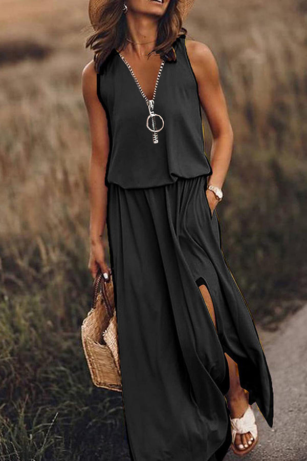 Sleeveless Long Dress Waist Zipper Letter Dress