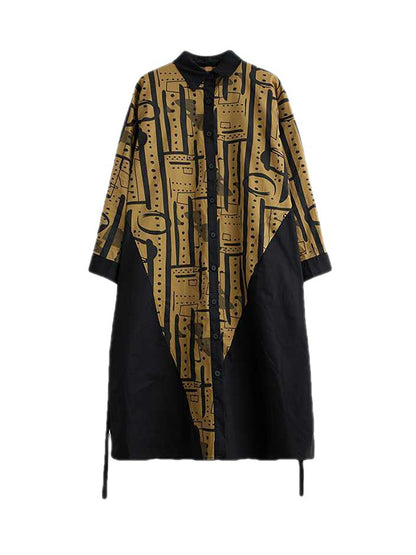 A-line Long Sleeves Asymmetric Contrast Color Printed Warp Knitting Lapel Midi Dresses Shirt Dress