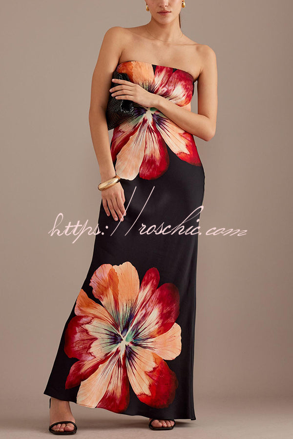 Charming Lady Satin Print Bandeau Loose Maxi Dress
