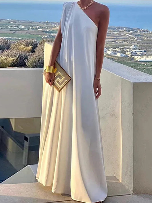 Loose Asymmetric Color Split-joint One-shoulder Maxi Dresses