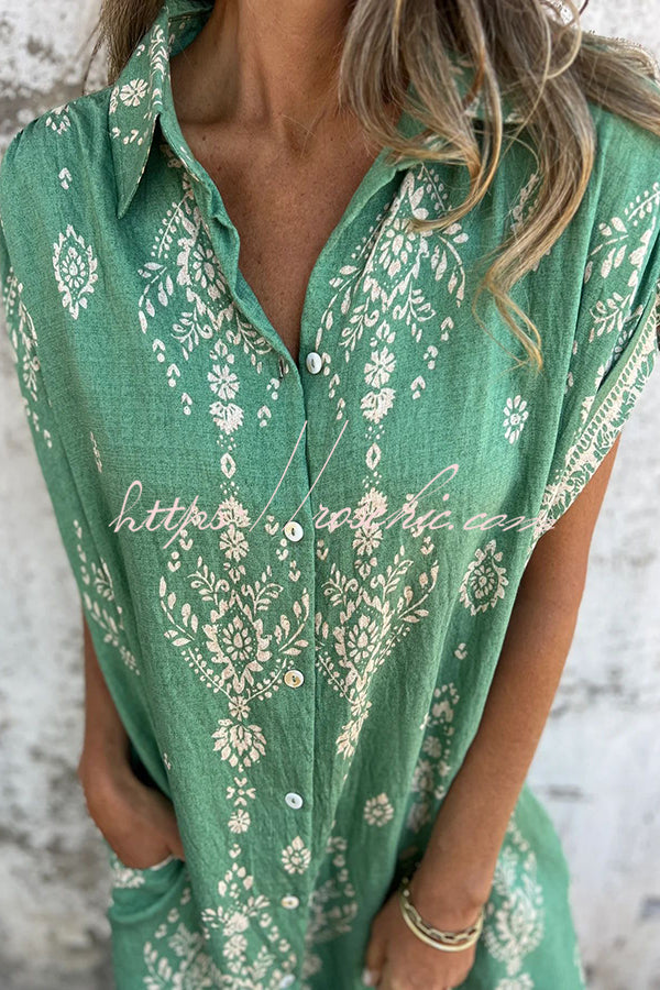 Linen Blend Unique Print Lapel Pocket Mini Dress