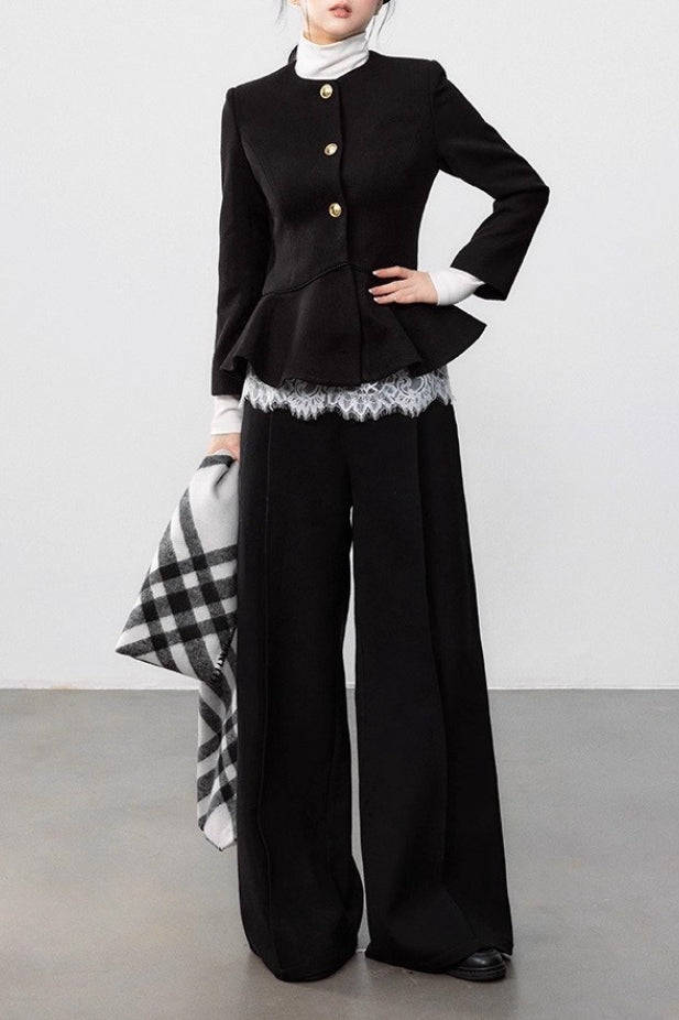 Black Pleated Waist Wool Coat