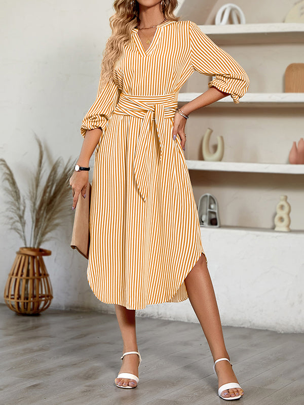 A-line Long Sleeves Striped Tied Waist V-neck Midi Dresses Shirt Dress