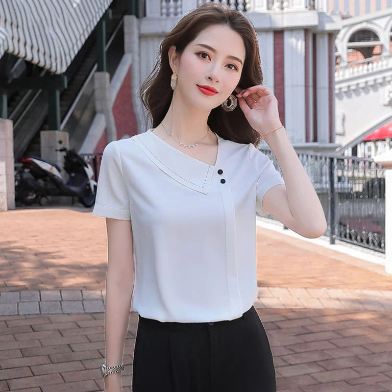 Spring Summer Style Chiffon Blouses Shirts Lady Asymmetrical Collar Short Sleeve Chiffon Blusas Tops Df4028