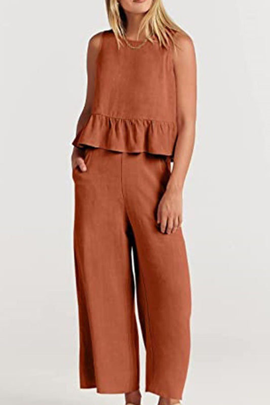 Sleeveless Pleated Vest Wide-leg Cropped Pants Suit