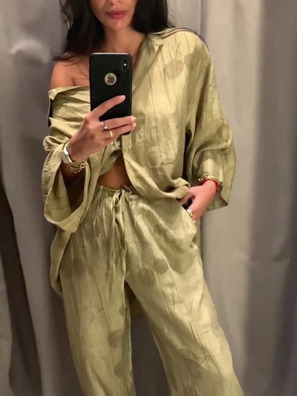 New Linen Tie-dye Print Long Pants Sets for Lapel Half Sleeve Single Breasted Shirts Drawstring Wide Leg Pant 2 Pieces Set