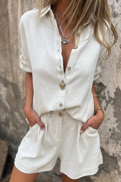 Linen Blend Color Button Lapel Short Sleeve Shirt and Pocket Shorts Set