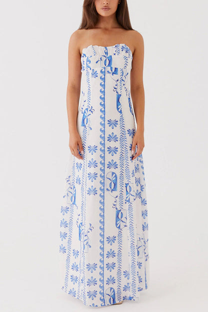 Freya Linen Blend Wave Print Ruched Bust Strapless Maxi Dress